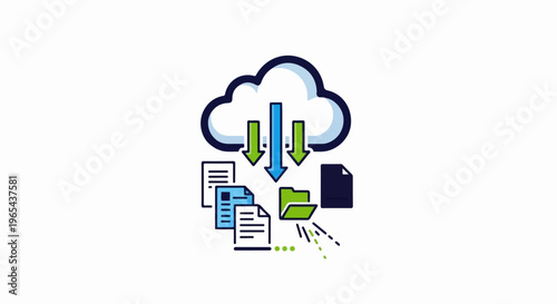 Cloud storage and data transfer icon with files and folders