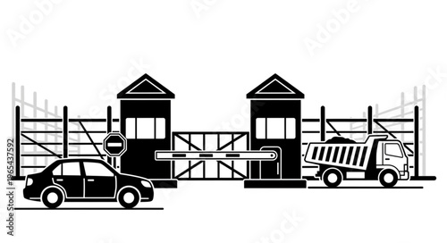 Security checkpoint with vehicles, barrier, and guard booths illustration.