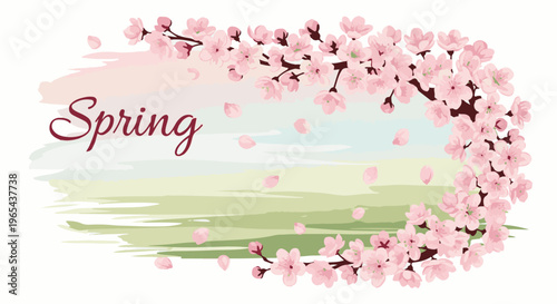 Elegant cherry blossoms frame a watercolor-style landscape with flowing green and pastel hues