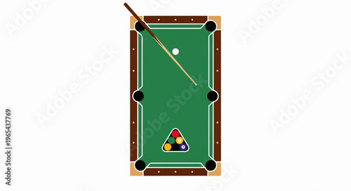 Flat illustration of a billiard table with cue stick and balls