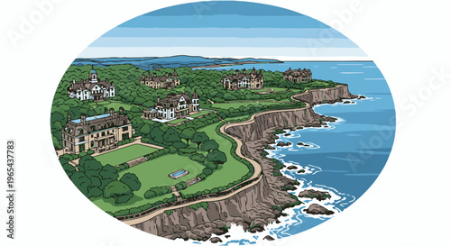 Elegant coastal estates dot a verdant landscape overlooking a rocky shoreline