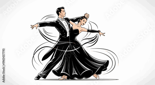 Elegant couple dances ballroom, man in tuxedo, woman in flowing gown