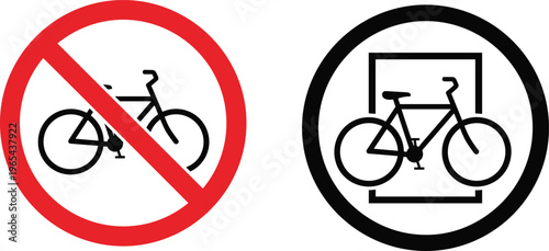 No bicycle riding prohibited sign and bicycle parking zone icons set featuring red warning circle and black parking symbol for city traffic regulation navigation