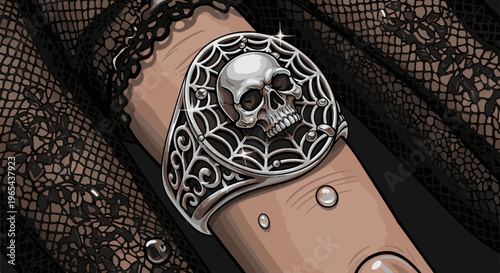 Detailed close-up of a hand adorned with a skull and spiderweb ring, wearing black lace
