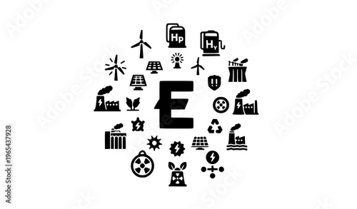 Circular green energy icon set with wind solar hydrogen hydroelectric and nuclear power symbols solid vector design