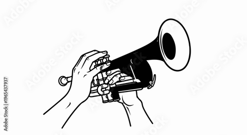 Hands playing a black trumpet on a white background