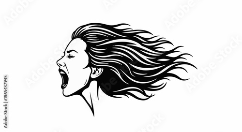 Dramatic profile of a woman screaming, hair flowing in the wind