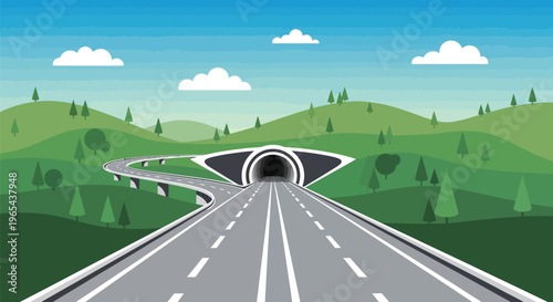 Vector highway road tunnel, green landscape, transportation infrastructure, road network