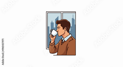 Man enjoying a coffee break looking out at city skyline