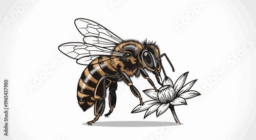 Detailed illustration of a bee collecting nectar from a white flower