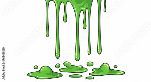 Dripping green viscous fluid with blobs on a white background