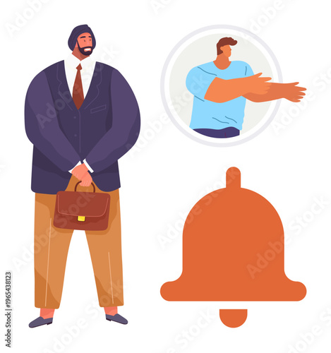 Business communication, notifications, visual identity, corporate interaction, modern alerts, teamwork. Man with briefcase, bell icon and person illustration. Business communication