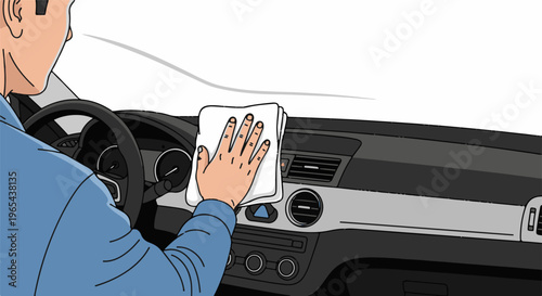 Driver cleans car dashboard with a white cloth