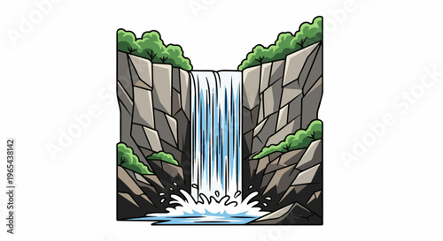 Detailed illustration of a towering waterfall cascading down rocky cliffs