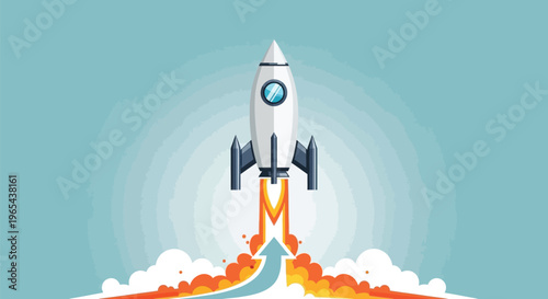 Rocket launch, space exploration, vector illustration, blast off, cartoon rocket