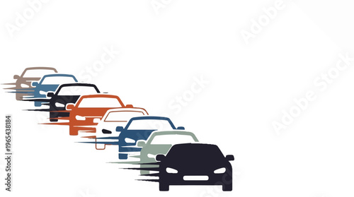 Row of colorful cars depicted as speeding forward against a white background