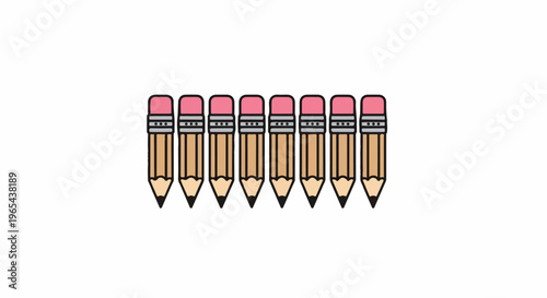 Row of eight sharpened pencils with pink erasers and metal bands