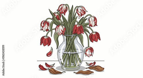 Drooping red and white tulips in a glass vase with fallen petals and leaves