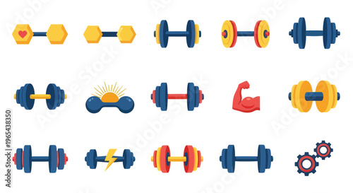 Set of colorful dumbbells and fitness icons, gym equipment, weightlifting, strength training