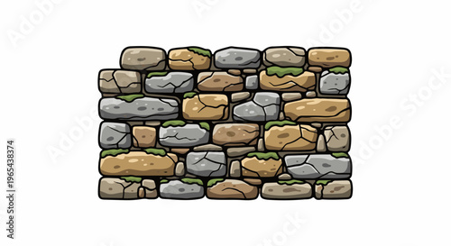 Detailed pixel art illustration of a rough, moss-covered stone wall on a white background
