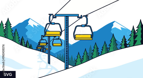 Ski resort chairlift with snowy mountains and pine trees, winter mountain landscape