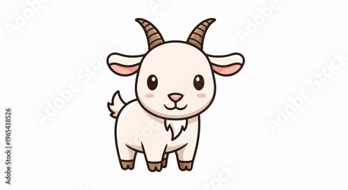 Adorable cartoon goat with cute eyes and horns, standing on white background