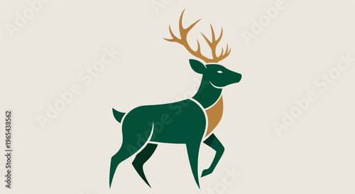 Stylized green deer with golden antlers walks across a neutral background