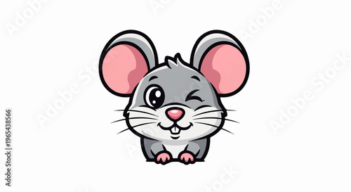 Adorable cartoon mouse peeking out, winking with big ears and pink nose