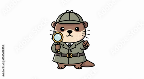 Adorable cartoon otter dressed as a detective holding a magnifying glass