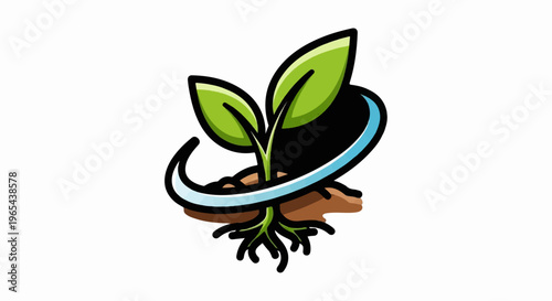 Stylized green plant sprouts from brown soil with swirling blue accent
