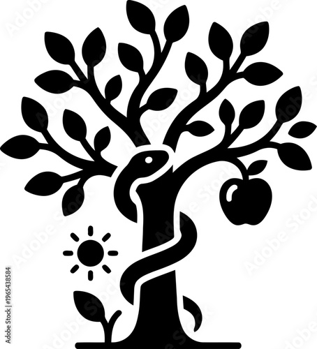 Snake coiling around the tree of knowledge with an apple, sun, and small plant. Mythology concept. Flat icon illustration for app, web design