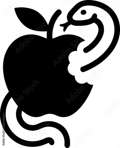 Apple with bite mark and snake. Christian Genesis concept. Temptation story symbol icon for web, app, print design