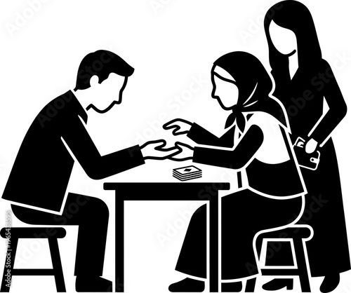 Man getting fortune told by woman reading palm at a table, with another woman standing close by. Fortune telling illustration