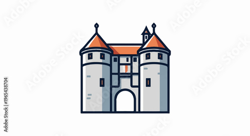 Stylized medieval gatehouse with twin towers and archway