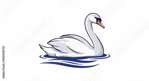 Elegant white swan gracefully glides on calm blue water surface