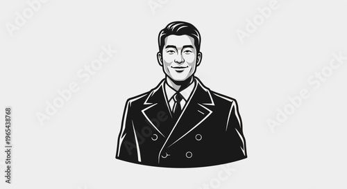 Black and white illustration of a smiling man in a suit and trench coat