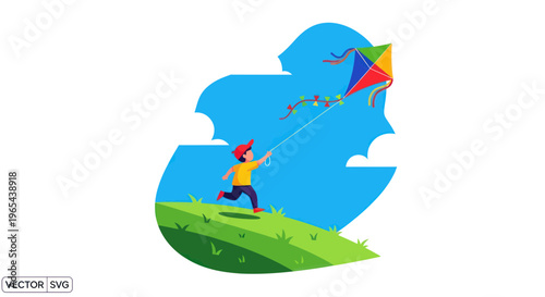Child Flying Colorful Kite on Sunny Hillside