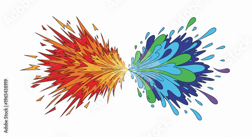 Dynamic explosion of vibrant red-orange fire meets a burst of colorful blue-green water