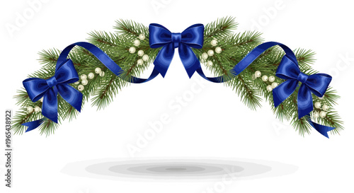 Christmas Garland with Blue Bows and Berries on White Background