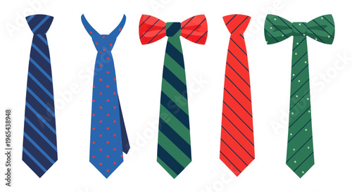 Collection of Five Fashionable Neckties and Bow Ties on White Background