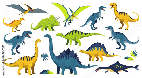 Collection of diverse dinosaurs and prehistoric creatures, cartoon style, white background