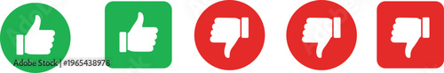 Thumb up and thumb down icons set with green and red colors in circular and square frames for feedback evaluation like and dislike