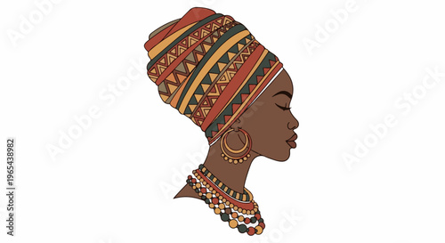Elegant woman profile with vibrant patterned headwrap and beaded jewelry