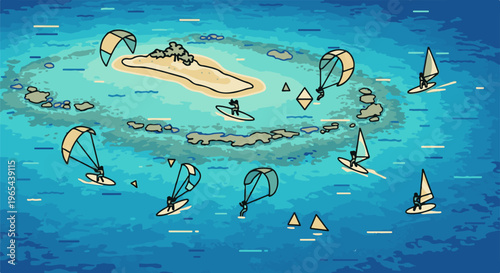 Dynamic ocean scene with surfers and kiteboarders around a tropical island