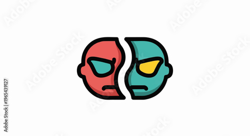 Split faces in contrasting colors, representing dual nature or conflict
