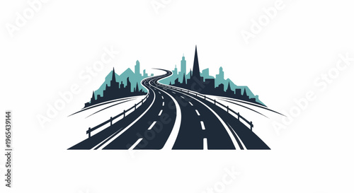 Winding highway leads to a city skyline at dusk