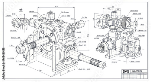 Detailed Technical Drawing of Industrial Gearbox Mechanism