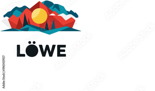 Colorful mountains at sunrise with geometric shapes and text