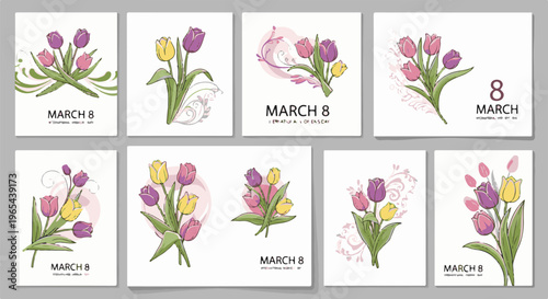 Eight floral cards featuring tulips for March 8th