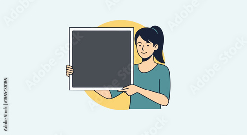 Woman in blue shirt holds a blank blackboard for messages